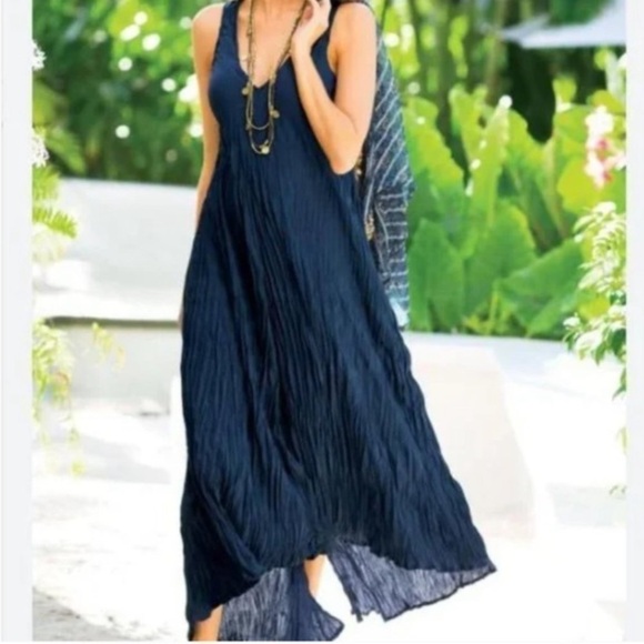 Soft Surroundings La Paz Black Crinkle Maxi Dress L Pleated Crinkle Vacation - Picture 4 of 16